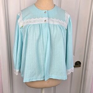 Appel Vintage Blue Bed Jacket Lace Trim Made In USA Loungewear Robe Button Front